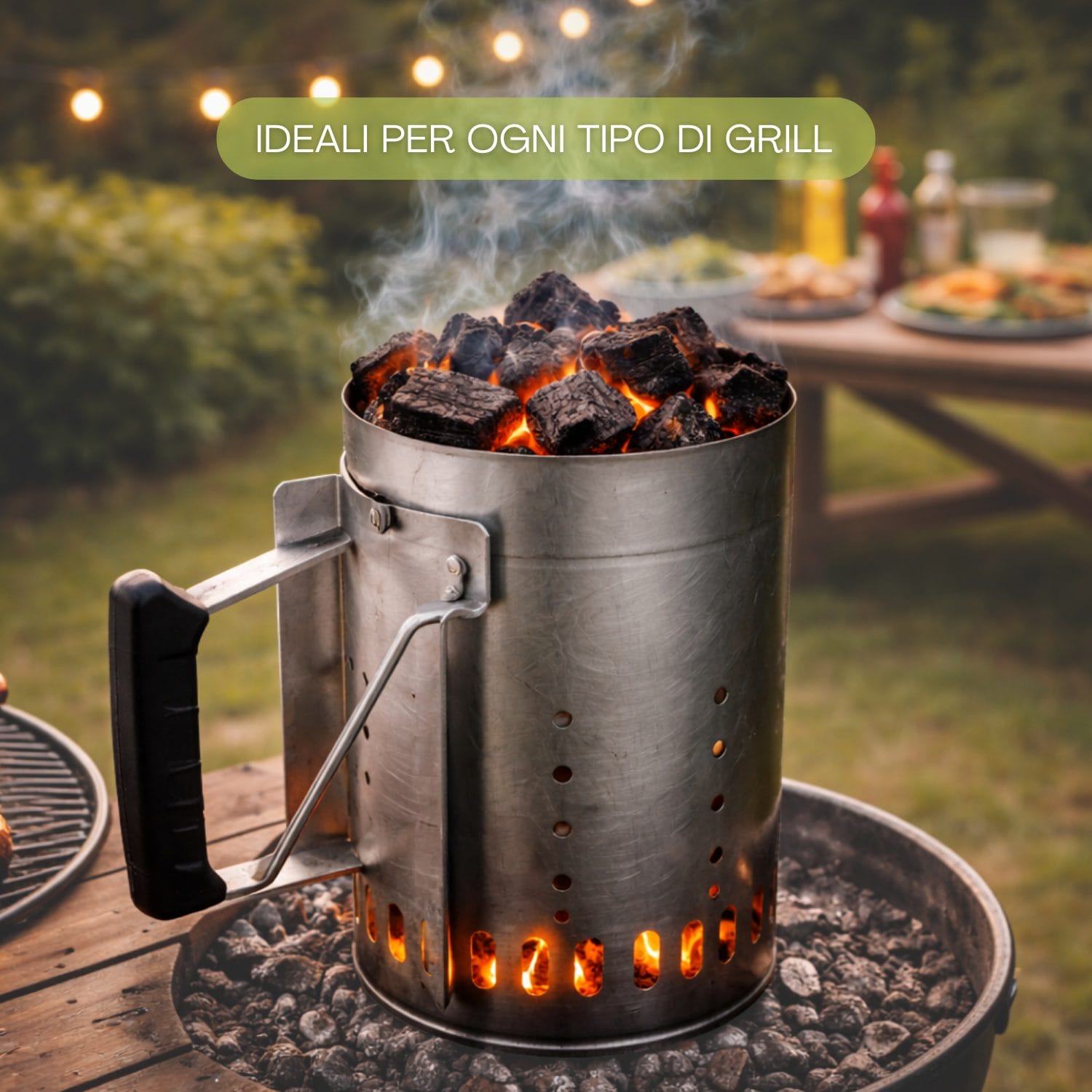 carbone coreografica con ciminiera Carbone vegetale acceso in ciminiera per barbecue