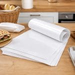 Carta patinata lucida per alimenti uso professionale Carta patinata lucida bianca in fogli per alimenti appoggiata su banco da lavoro in panificio e gastronomia