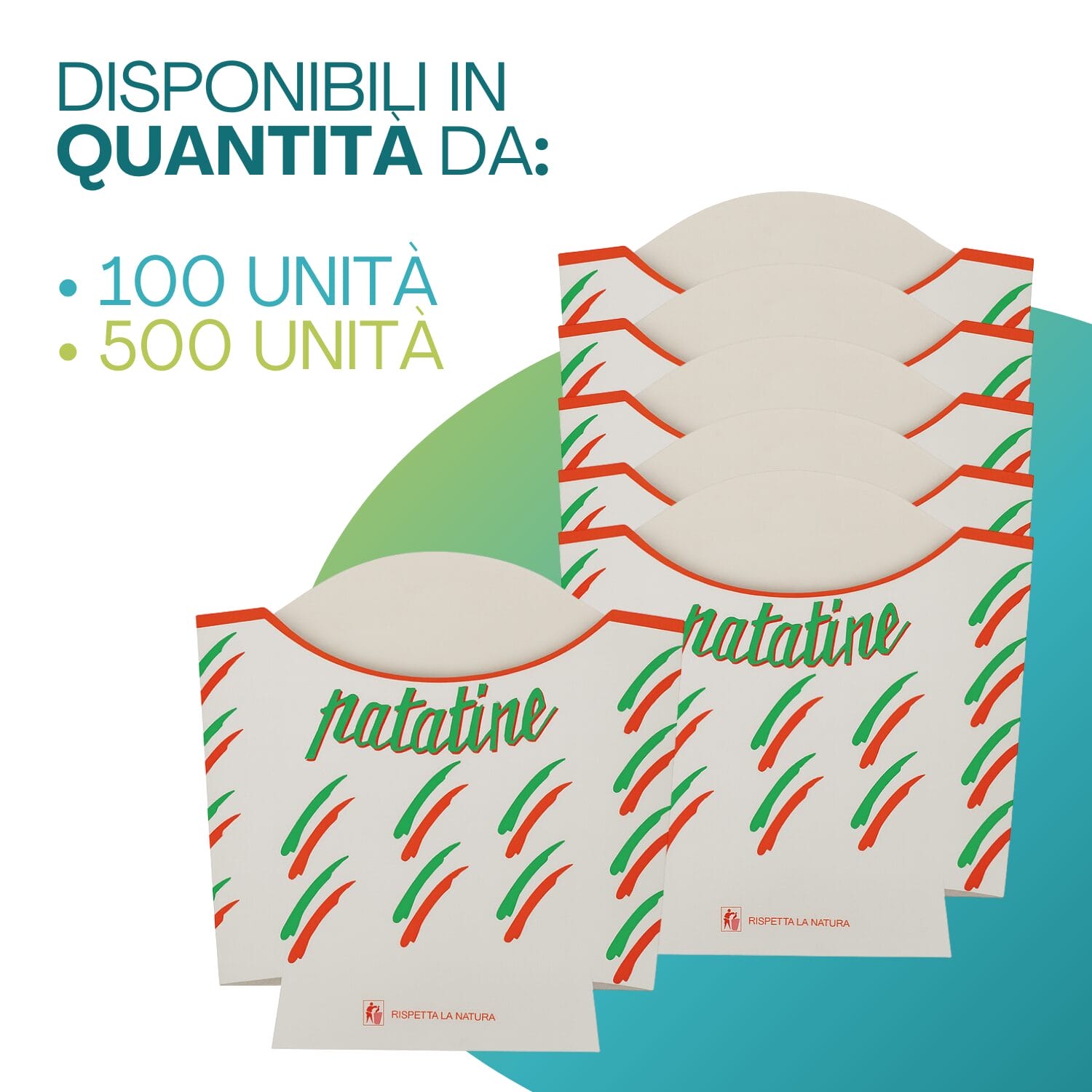 Cartoncini per patatine fritte disponibili in lotti da 100 o 500 unità