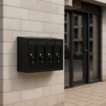 Cassetta postale nera 4 scomparti fissata al muro esterno di condominio moderno
