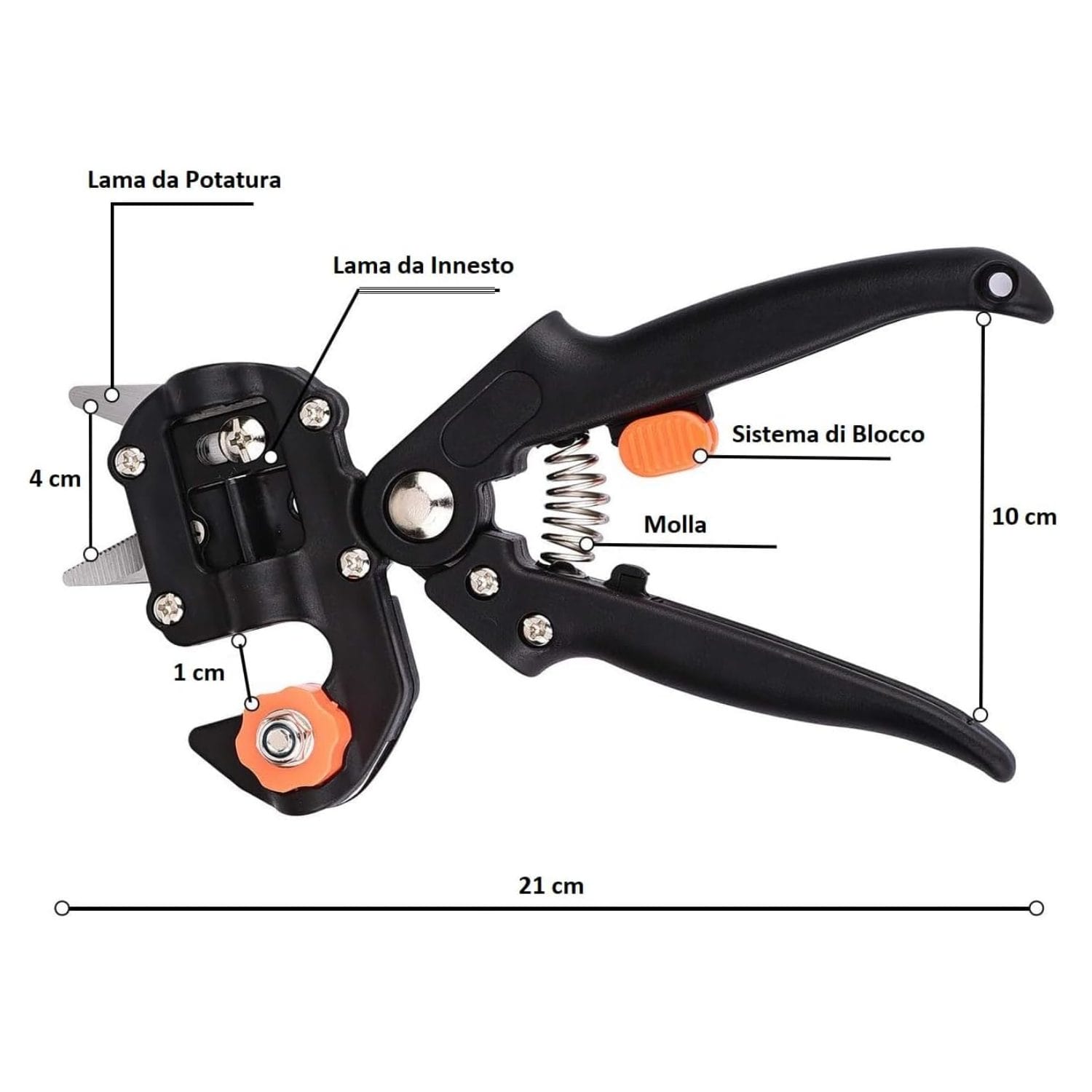 cesoie per innesto e potatura misure Cesoia da innesto 21 cm con lame di potatura e dettagli tecnici delle dimensioni