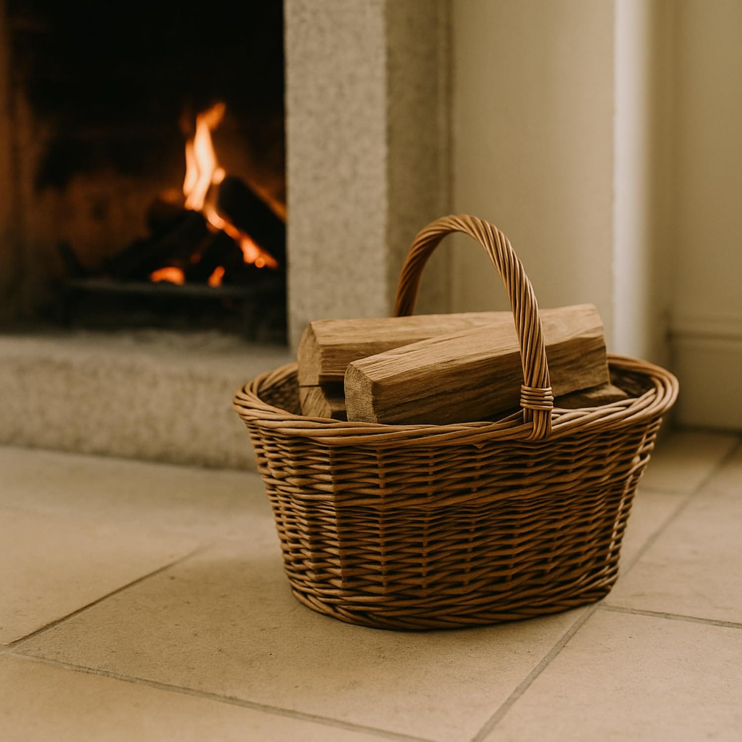 Cesto in vimini con legna davanti al camino acceso