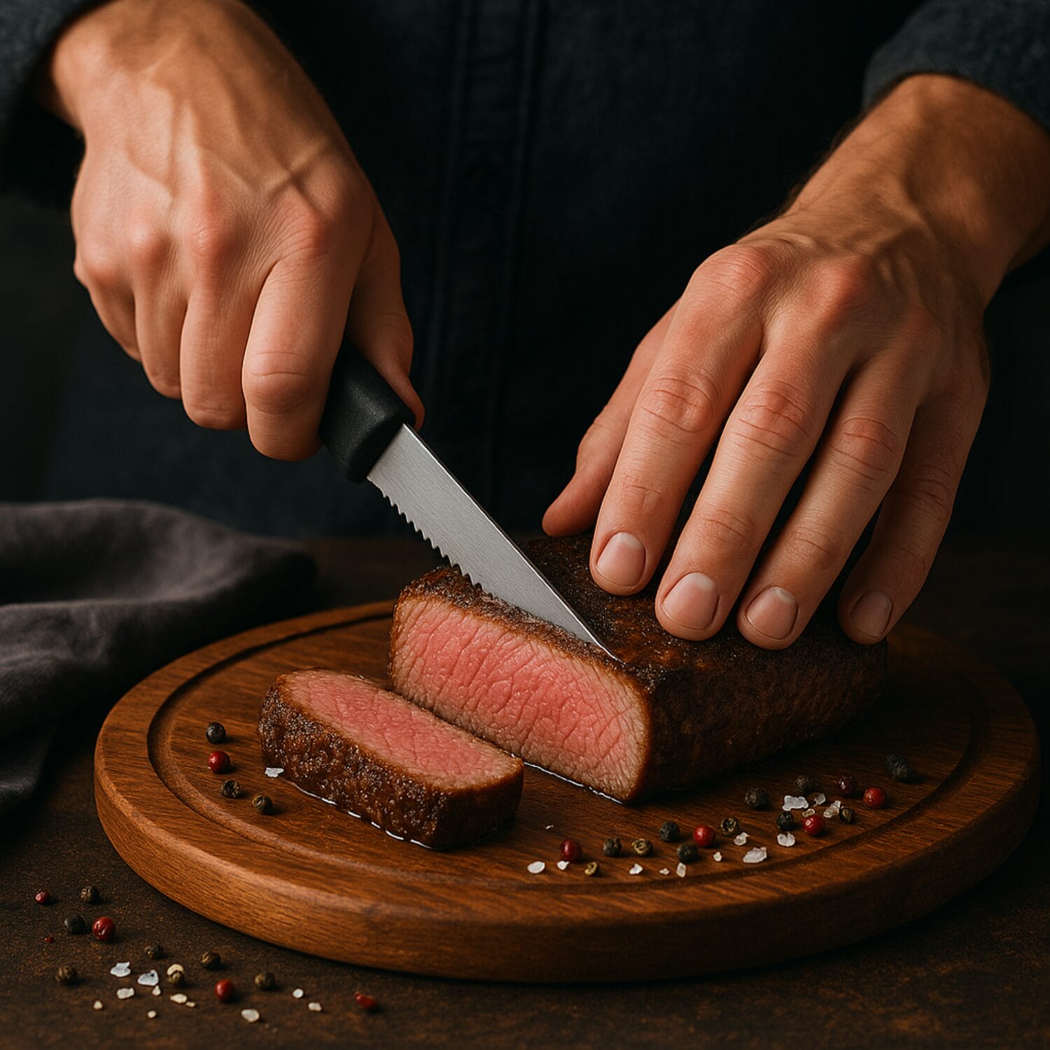 Coltello da carne con lama seghettata in acciaio inox e manico ergonomico nero