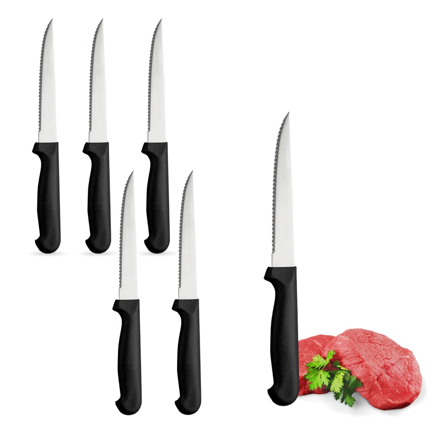 Set 6 coltelli da carne con lama seghettata inox e manico ergonomico nero