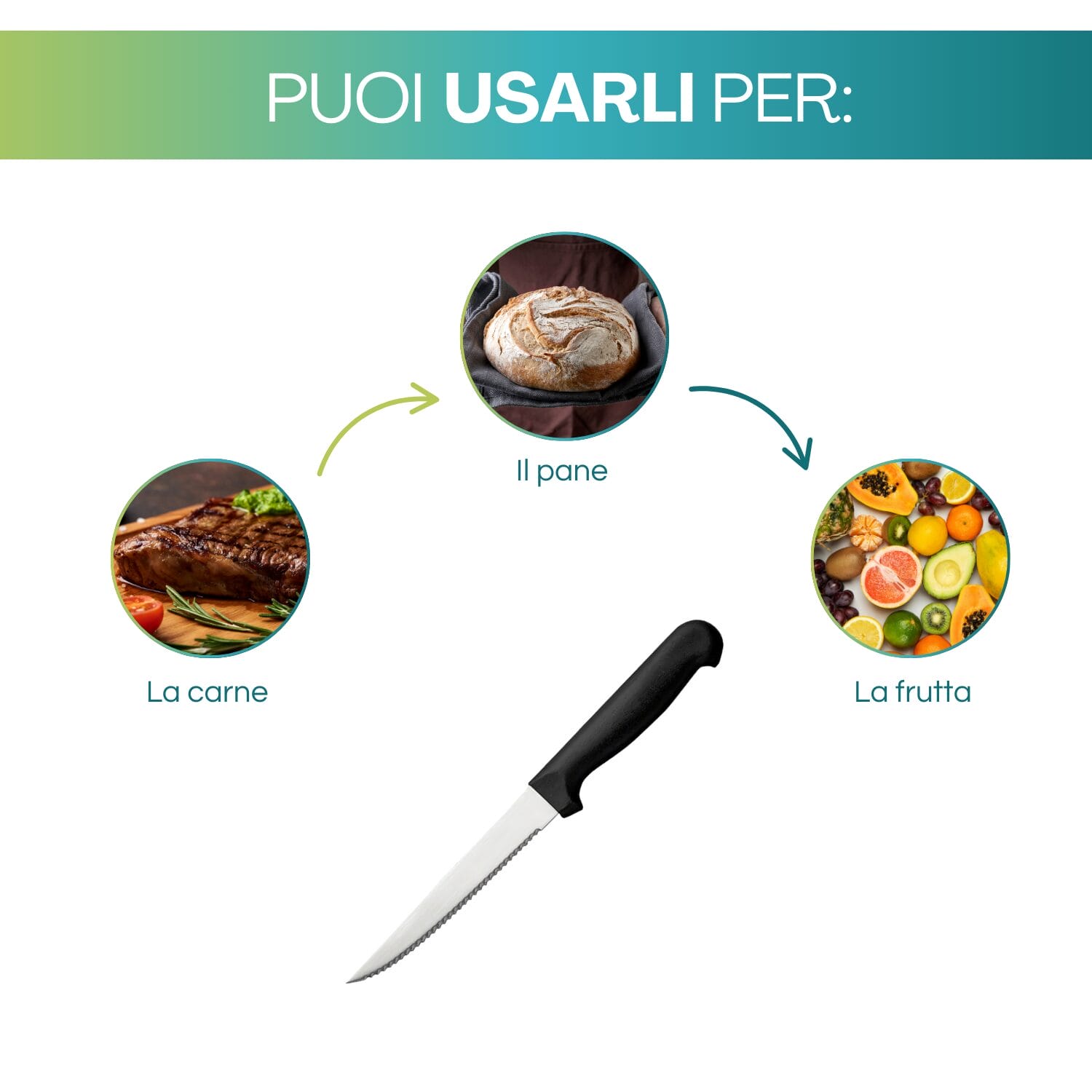 Coltello da carne con lama seghettata inox ideale per tagliare carne pane e frutta
