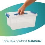 Contenitore 13 litri trasparente con coperchio e maniglia blu resistente