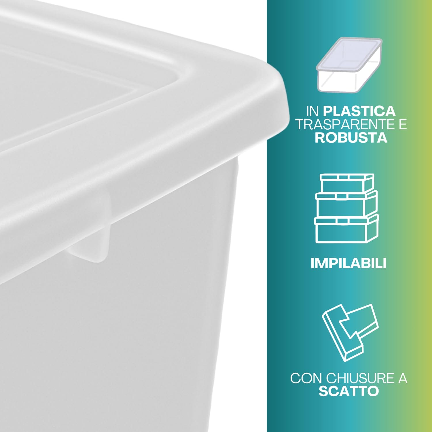 Dettaglio contenitore plastica 42 litri impilabile con chiusura a scatto