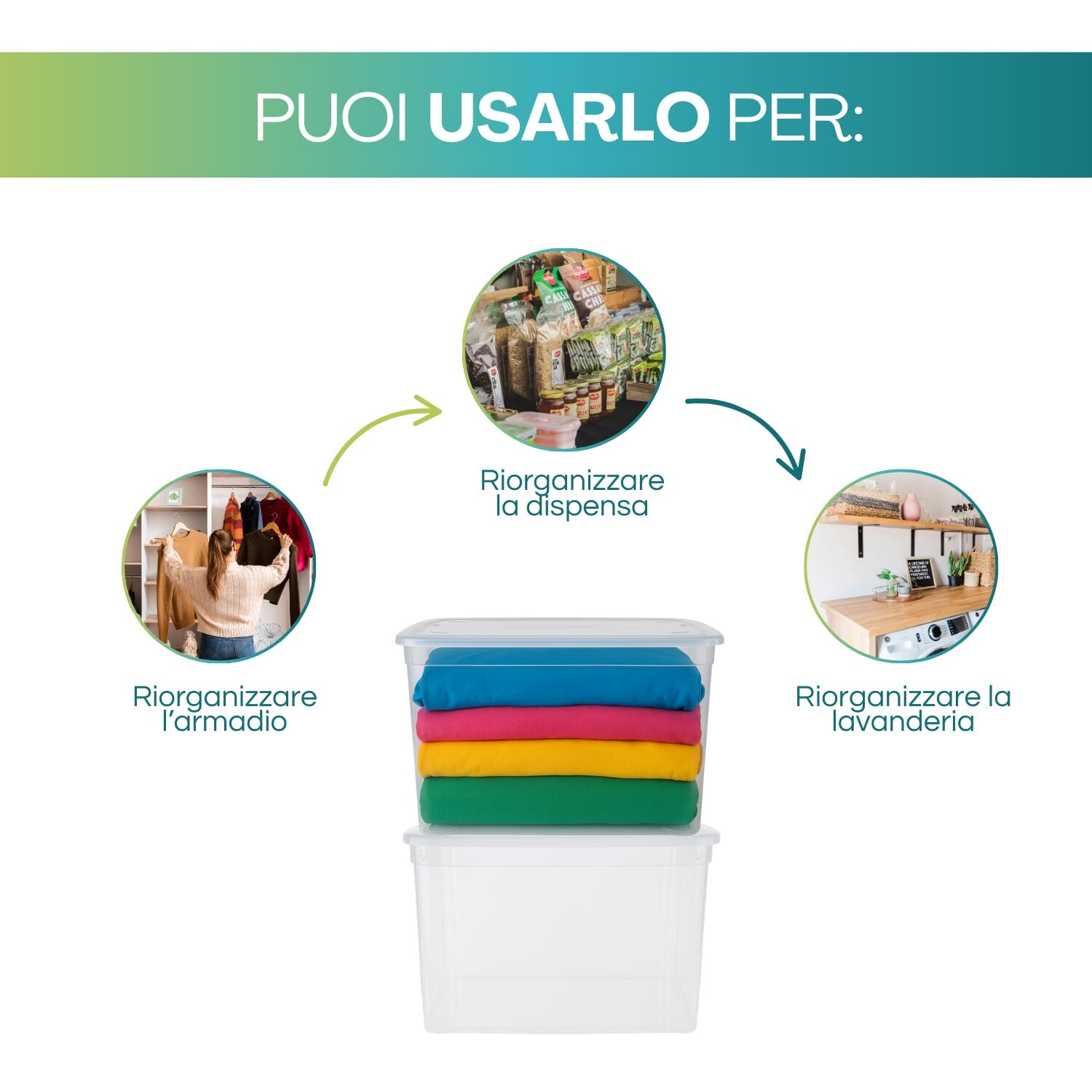 Contenitore plastica trasparente 43 litri per armadio dispensa lavanderia