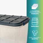 Dettaglio coperchio robusto contenitore 59 litri plastica trasparente impilabile