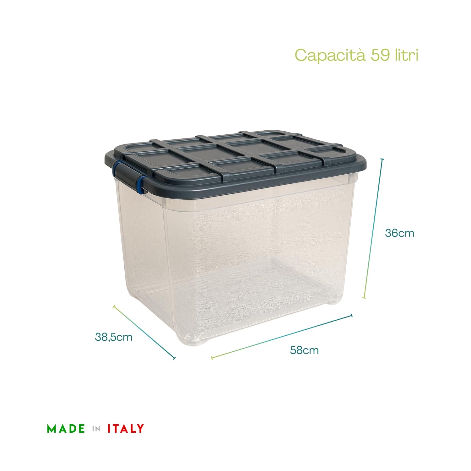 Contenitore plastica 59 litri con misure 58x38,5x36 cm Made in Italy