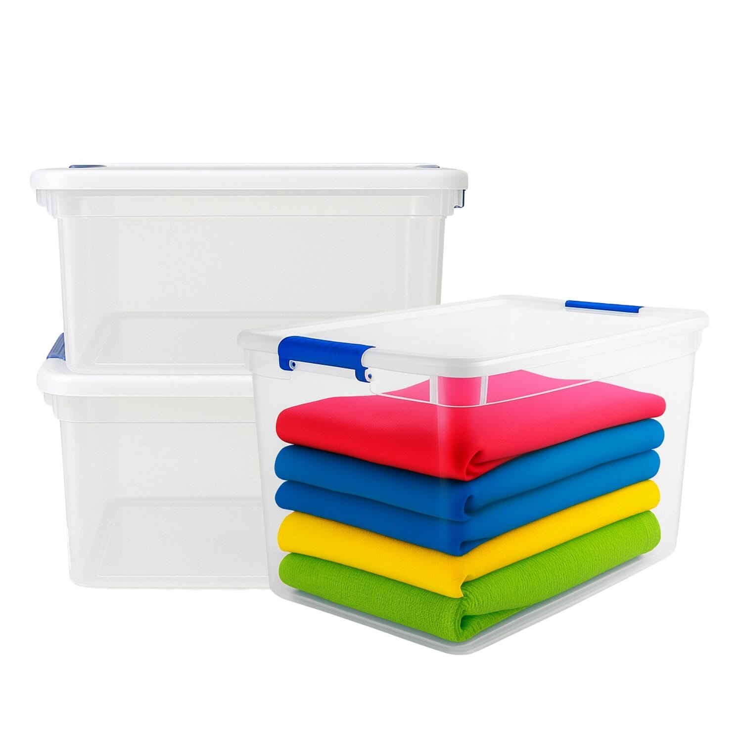 Contenitore trasparente con maniglie blu e coperchio bianco capiente da 65 litri