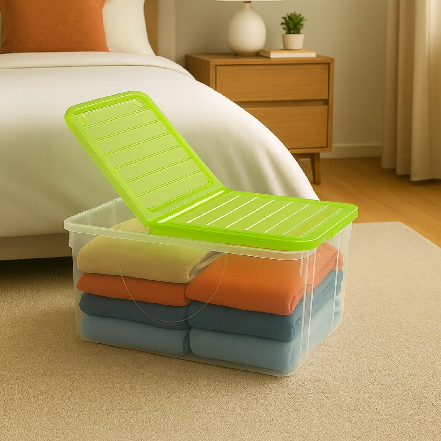 Contenitore in plastica trasparente 41,5L con coperchio verde pieghevole salvaspazio