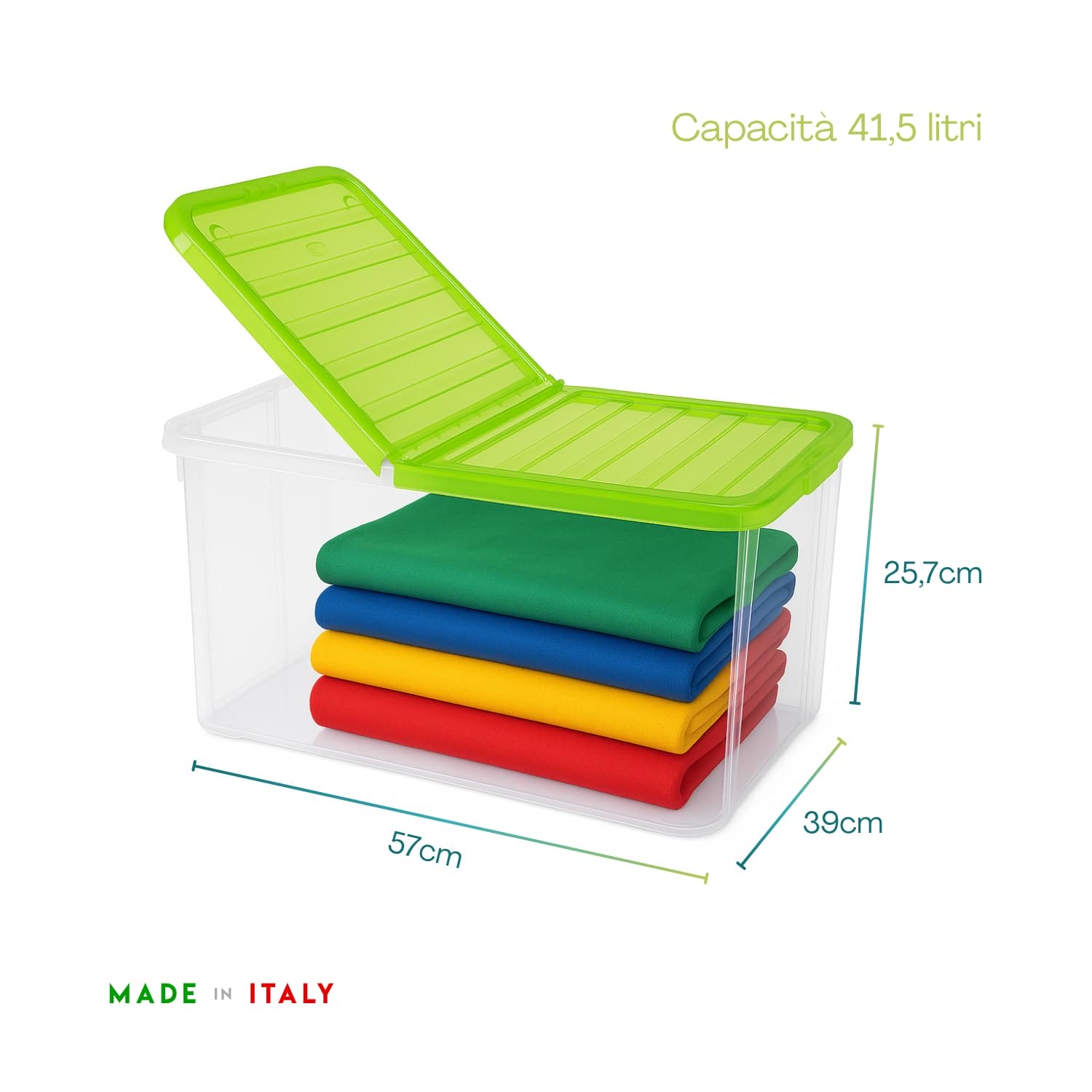 Contenitore plastica 41,5 litri 57x39x25,7 cm con coperchio verde Made in Italy