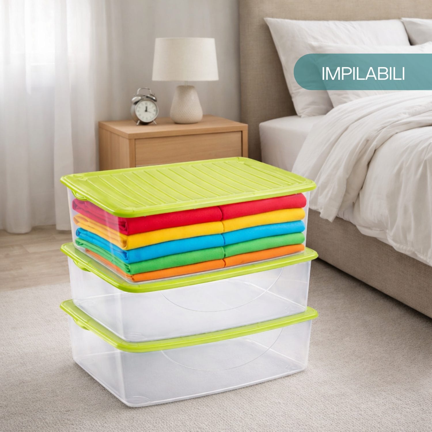 contenitori 27 litri coreografica Contenitori impilabili 27 litri con coperchio verde per organizzazione casa