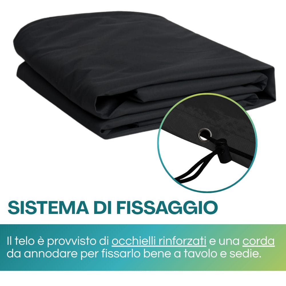 Sistema di fissaggio con occhielli rinforzati e corda per copertura tavolo esterno