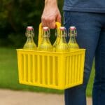 portabottiglie giallo con 6 bottiglie in vetro tappo meccanico
