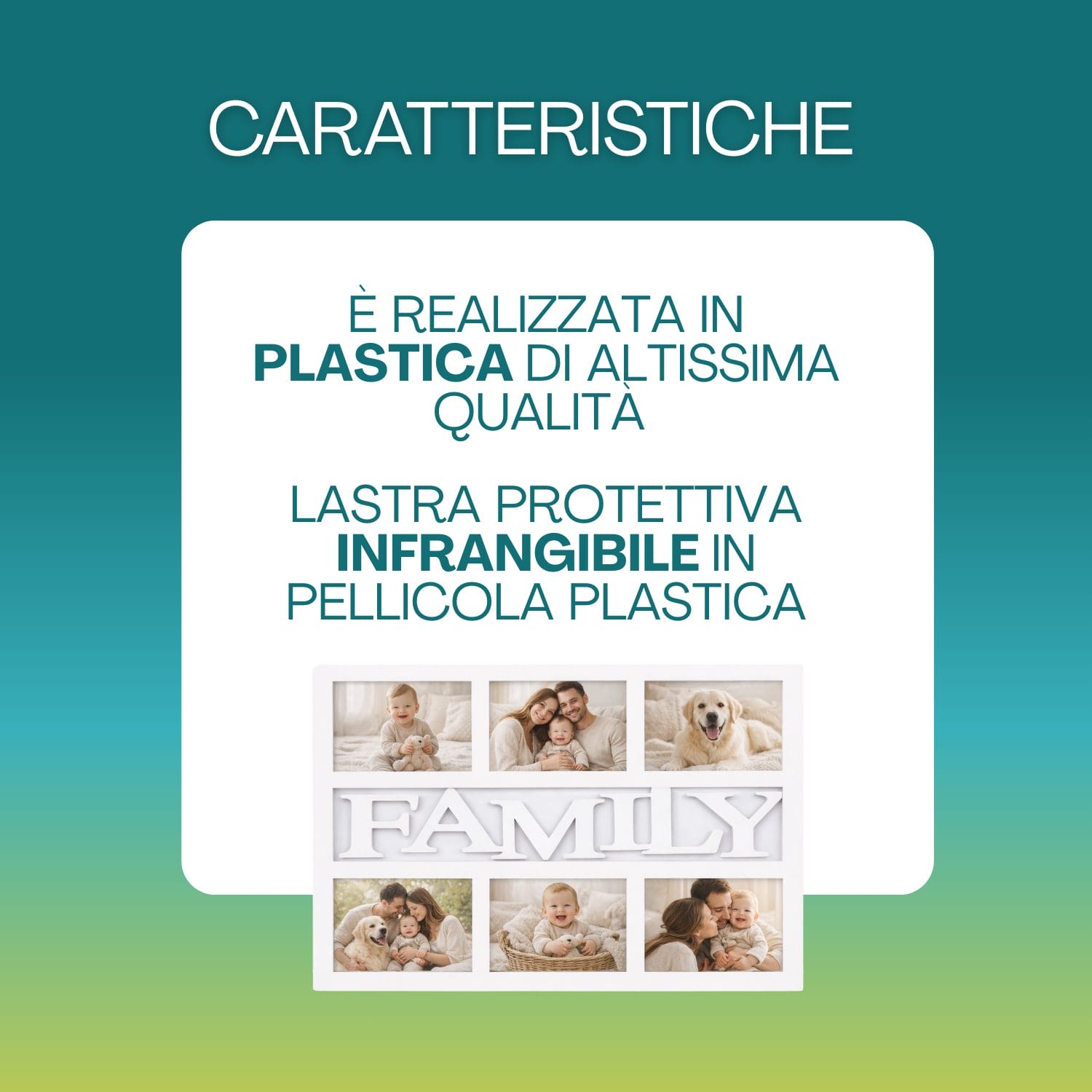 cornice family multifoto caratteristiche Cornice portafoto FAMILY in plastica di alta qualità con lastra protettiva