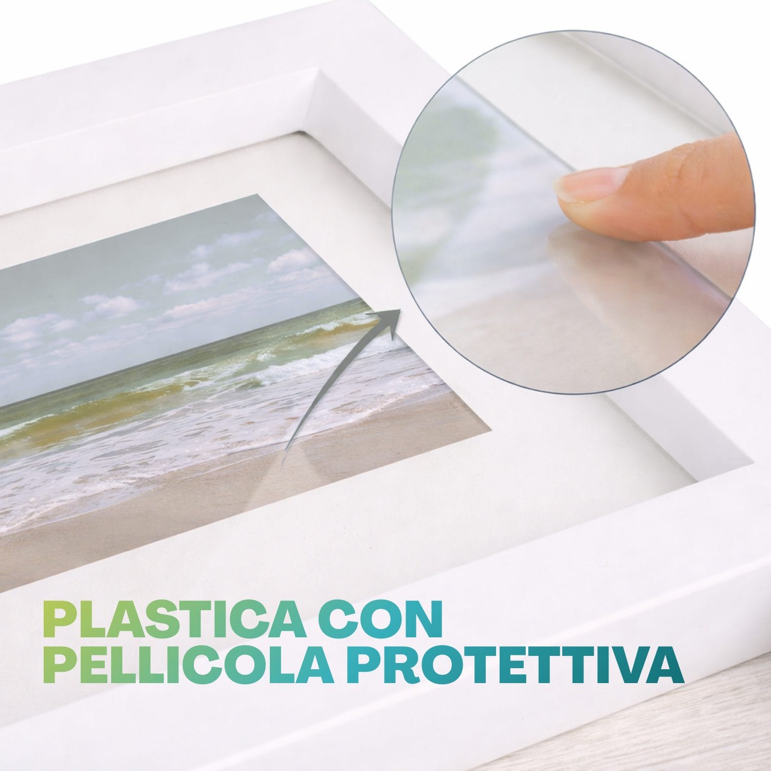 cornice multifoto pellicola Dettaglio cornice multifoto con pellicola protettiva in plastica infrangibile