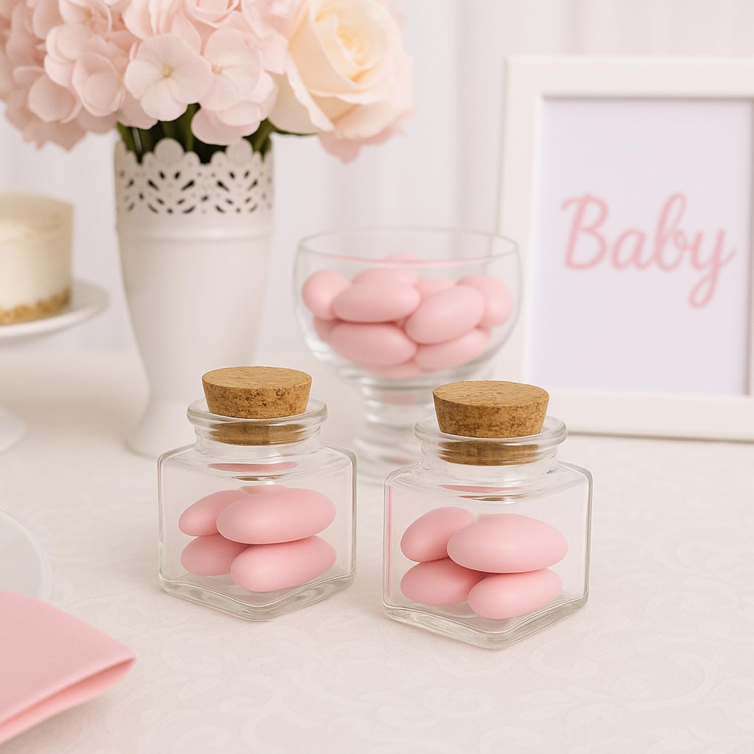 Bomboniere vetro con confetti rosa per nascita o battesimo bambina