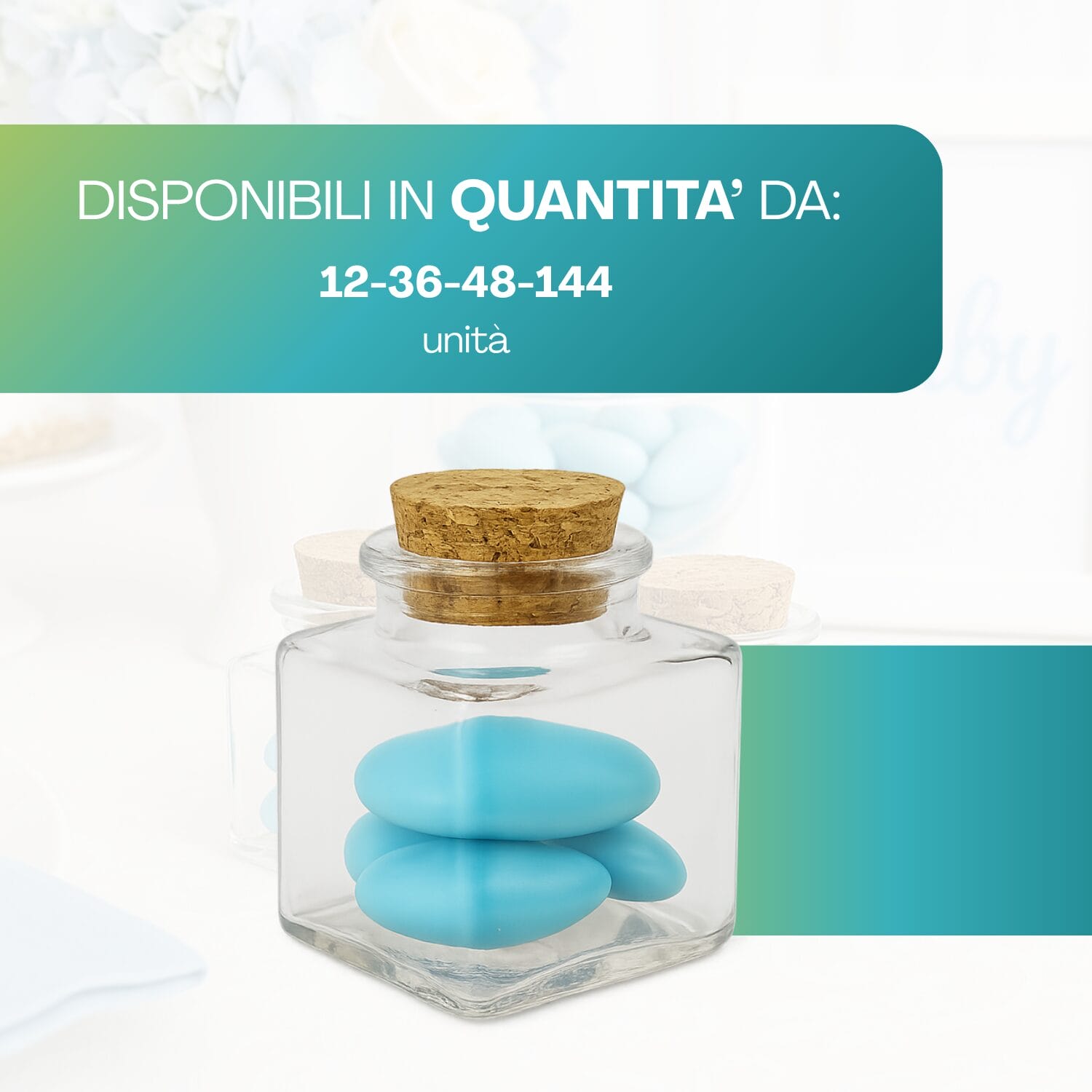 Barattoli bomboniera vetro confetti celesti disponibili in più quantità