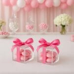 Scatoline plexiglass con fiocco rosa e confetti, perfette per battesimi e nascite