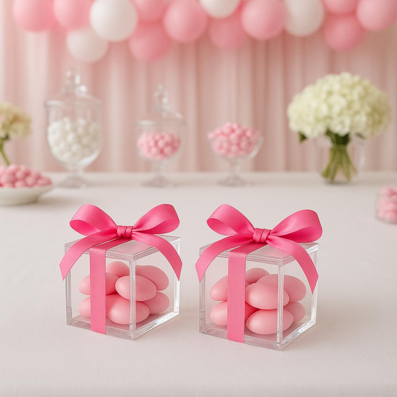 Scatoline plexiglass con fiocco rosa e confetti, perfette per battesimi e nascite