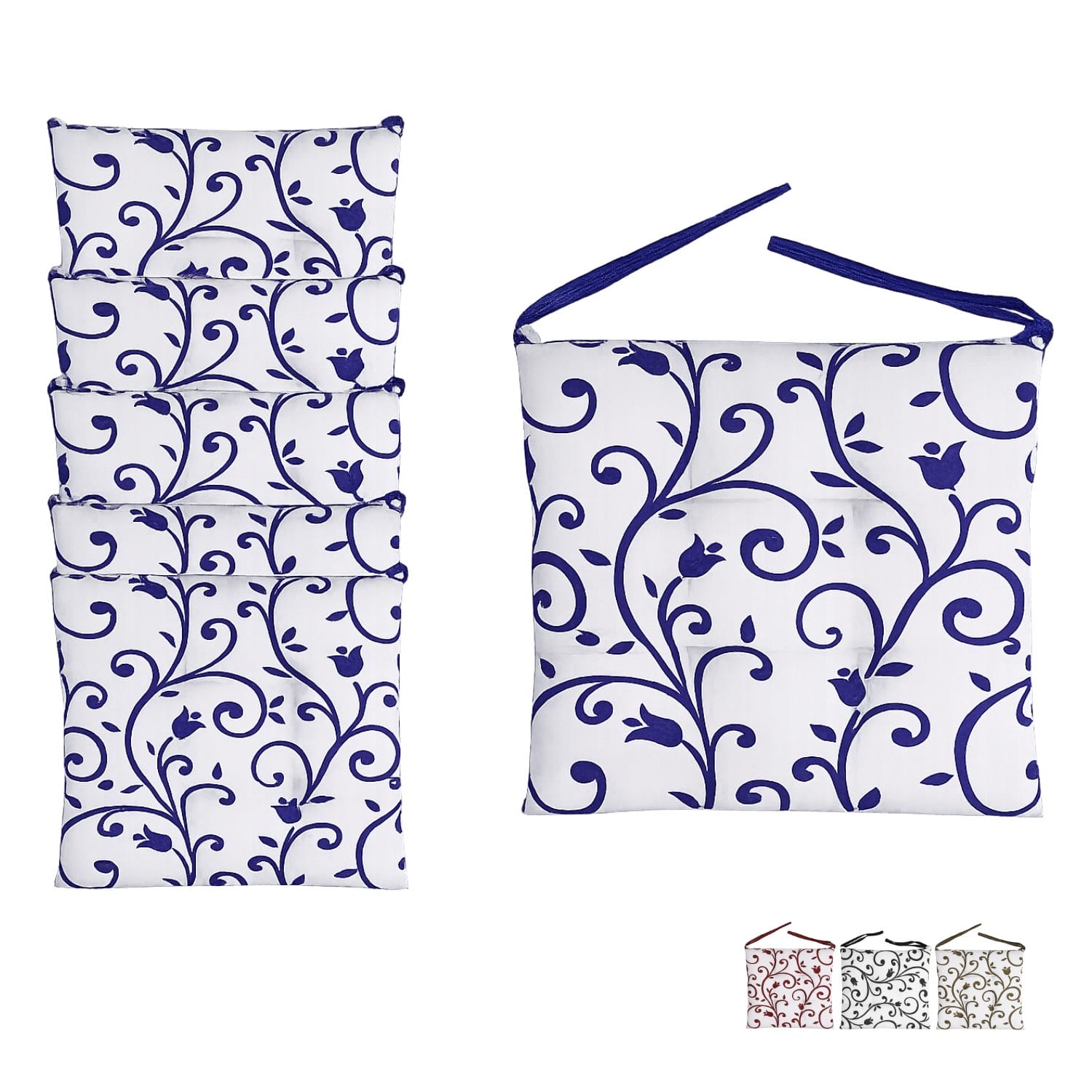 cuscini coprisedia blu principale Cuscini coprisedia 40x40 cm set da 6 con stampa fiori decorativa e pratici lacci di fissaggio