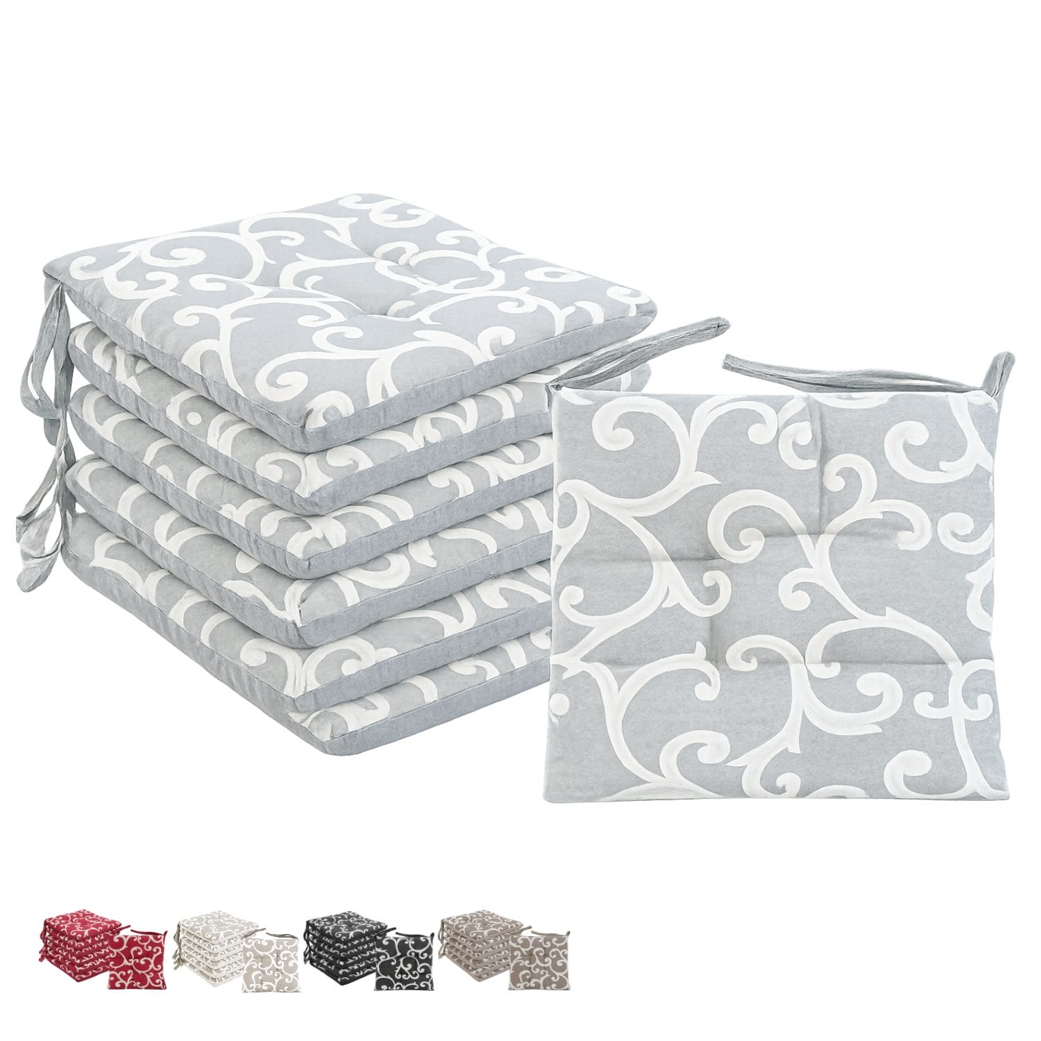 Set 6 cuscini grigio chiaro per sedie con fantasia elegante e imbottitura in poliestere 40x40 cm