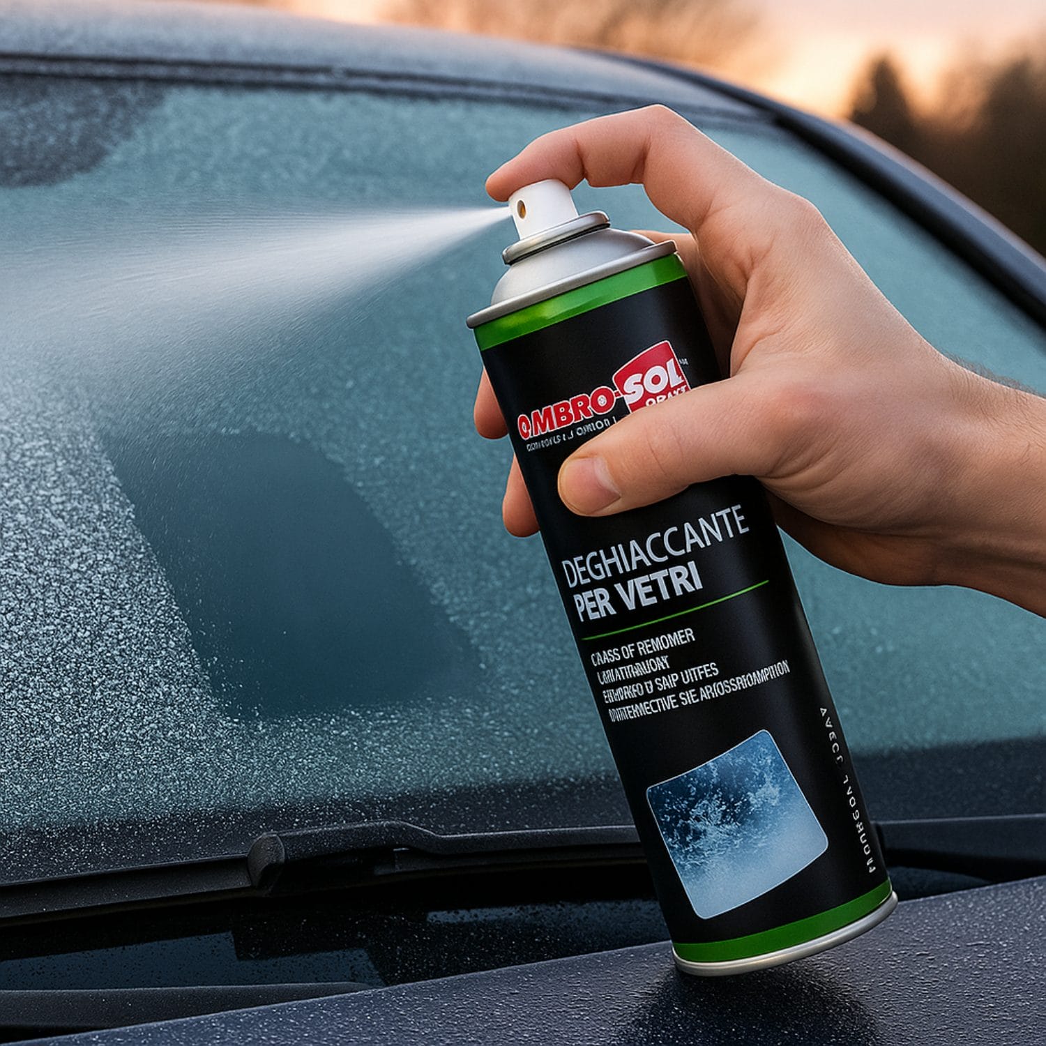 Deghiacciante Ambro-Sol spray per vetri auto in uso su parabrezza ghiacciato