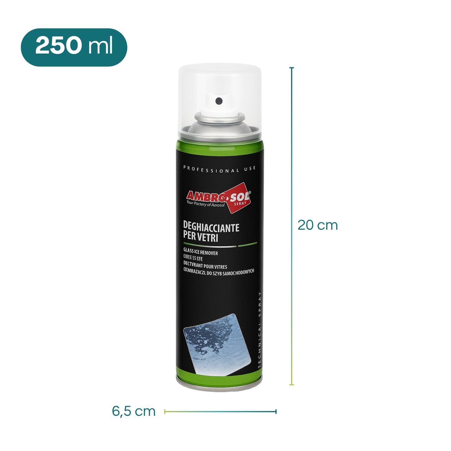 Deghiacciante vetri Ambro-Sol bomboletta 250 ml con misure 6,5x20 cm