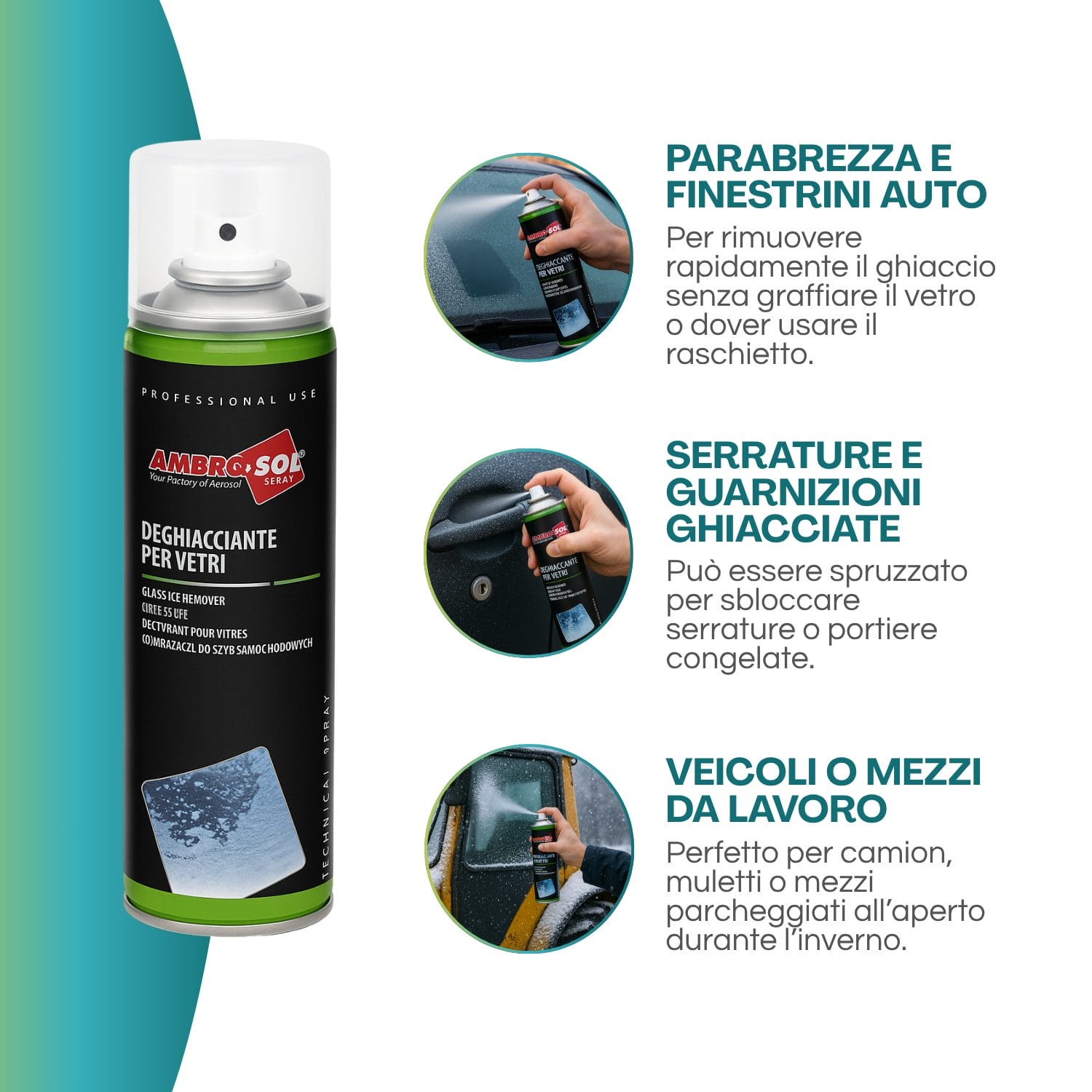 Deghiacciante spray per vetri Ambro-Sol per auto, serrature e mezzi da lavoro