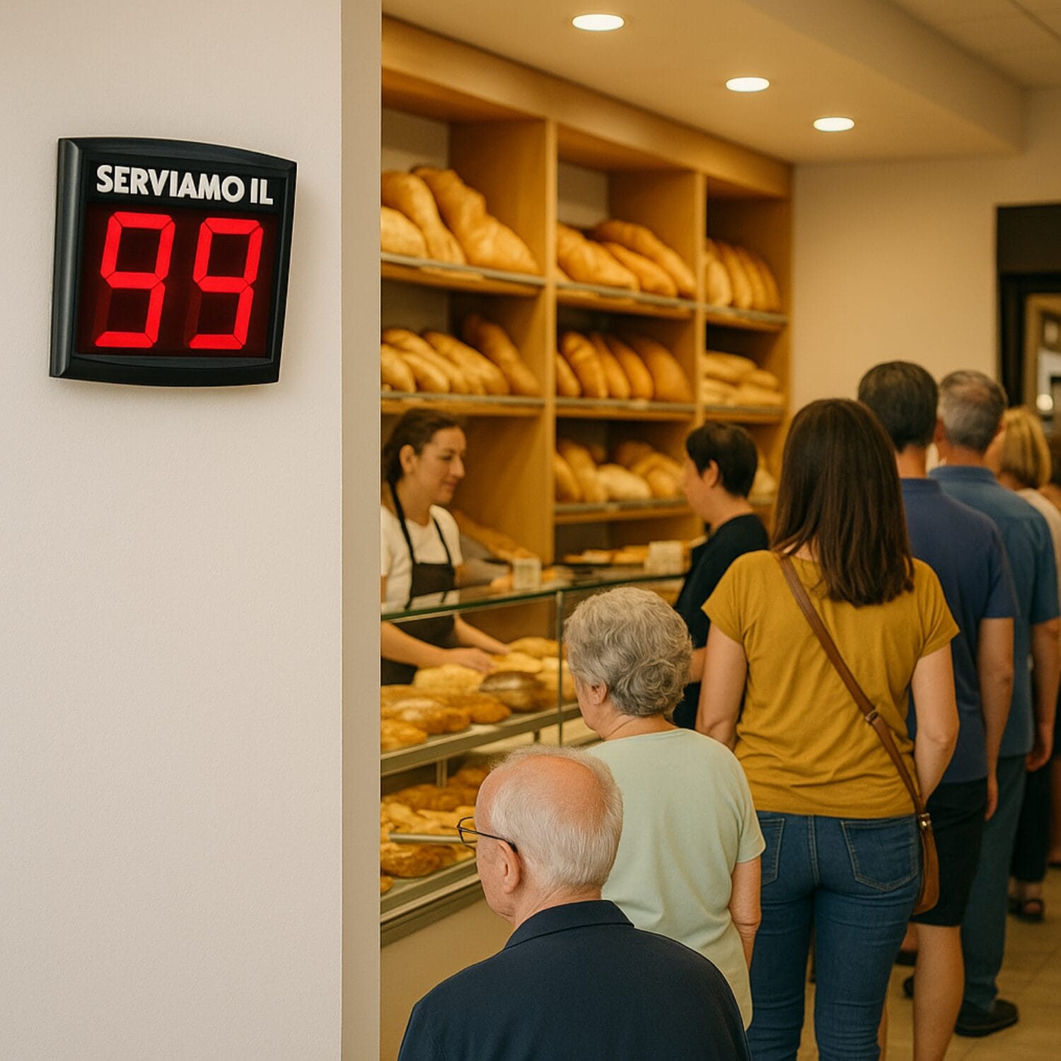 Display eliminacode digitale a muro in panificio con clienti in fila