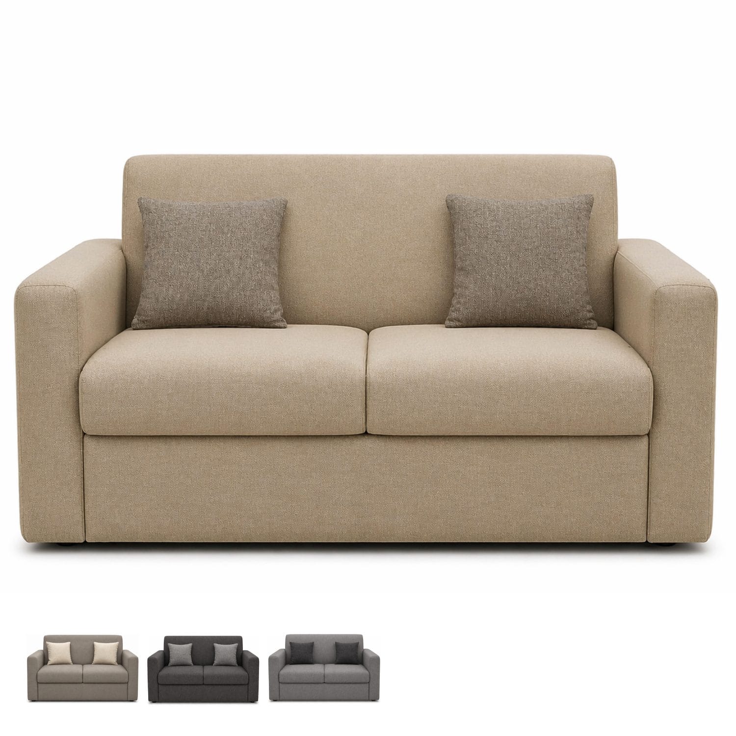 divano beige Divano due posti beige in tessuto con cuscini, design moderno e compatto