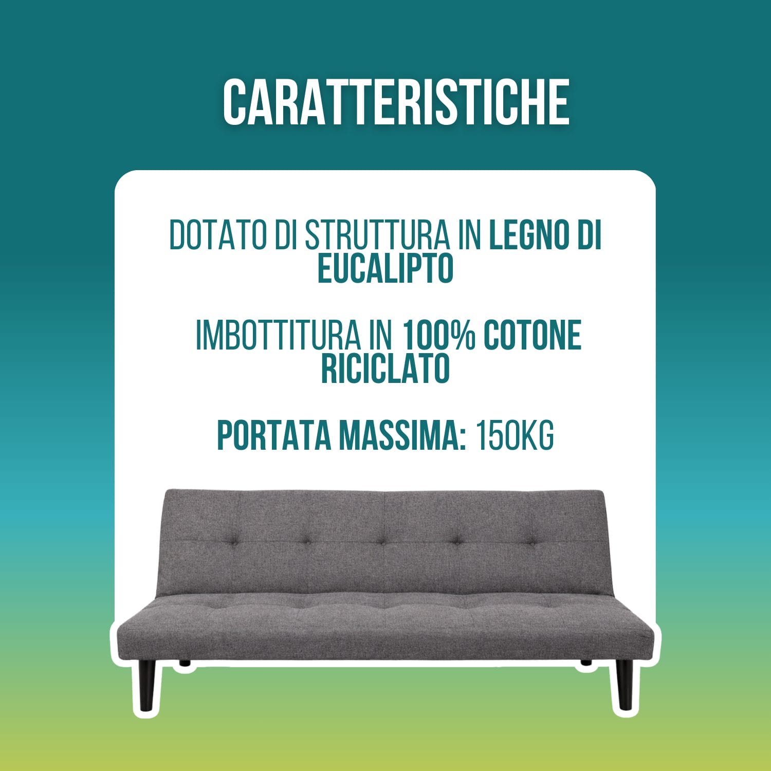 divano in tessuto caratteristiche Divano letto in tessuto grigio con struttura in legno di eucalipto, imbottitura in cotone riciclato e portata 150 kg