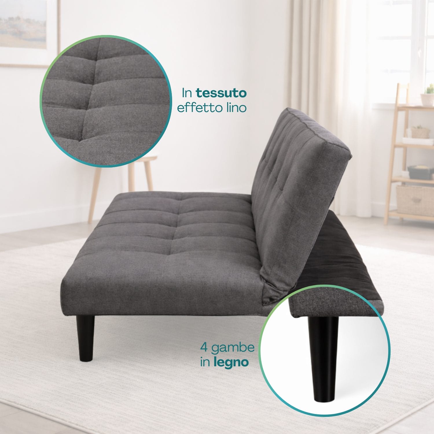 divano in tessuto materiali Dettaglio divano in tessuto effetto lino grigio con imbottitura trapuntata e gambe in legno nero
