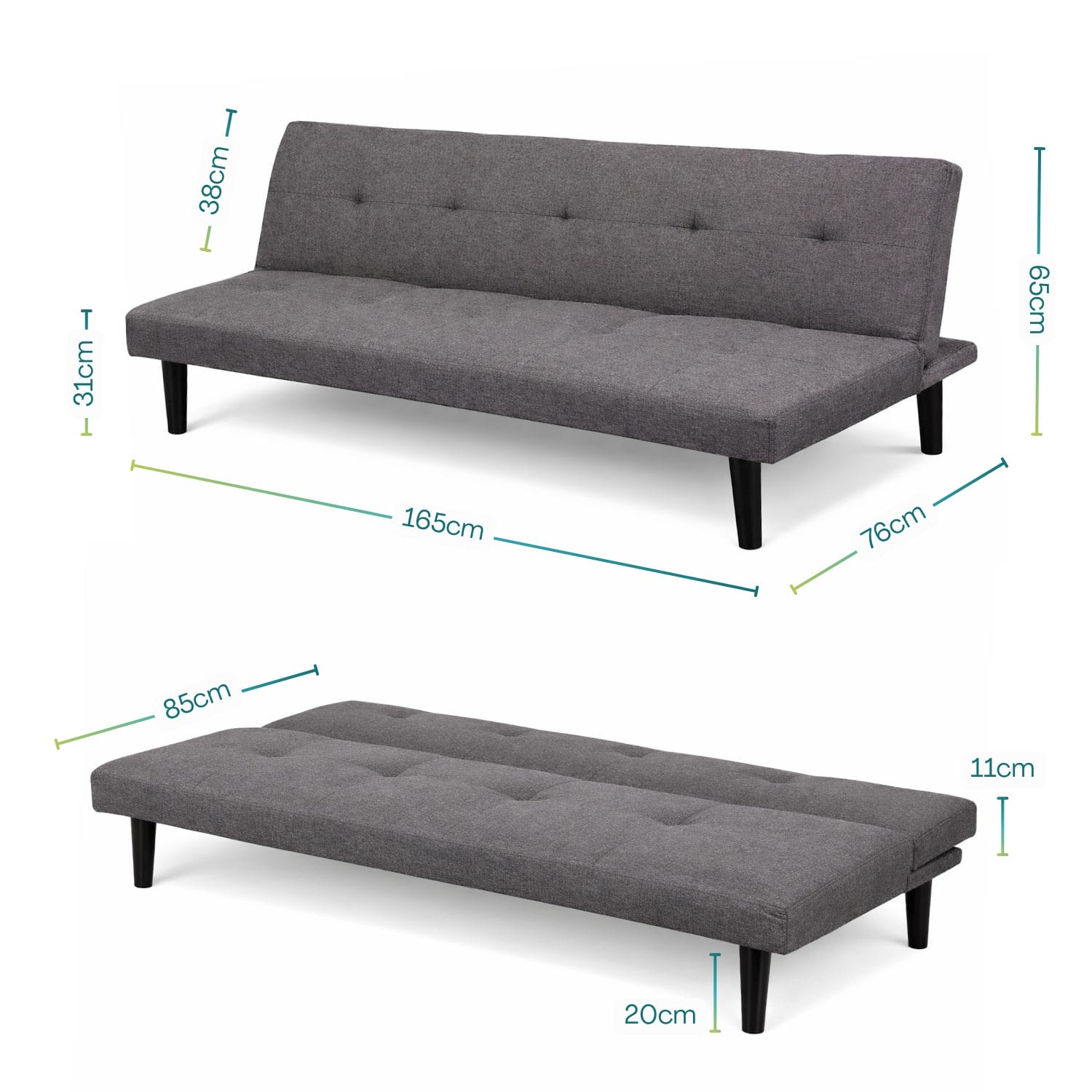 divano letto misure Divano letto in tessuto grigio con misure 165x76 cm, altezza seduta 31 cm e schienale reclinabile
