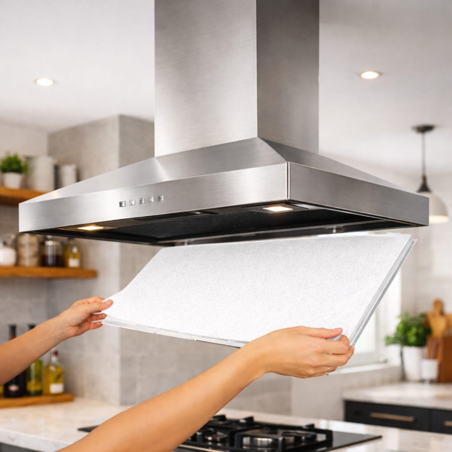 filtro per cappa bianco coreografica Filtro per cappa aspirante bianco montato sotto cappa da cucina in acciaio