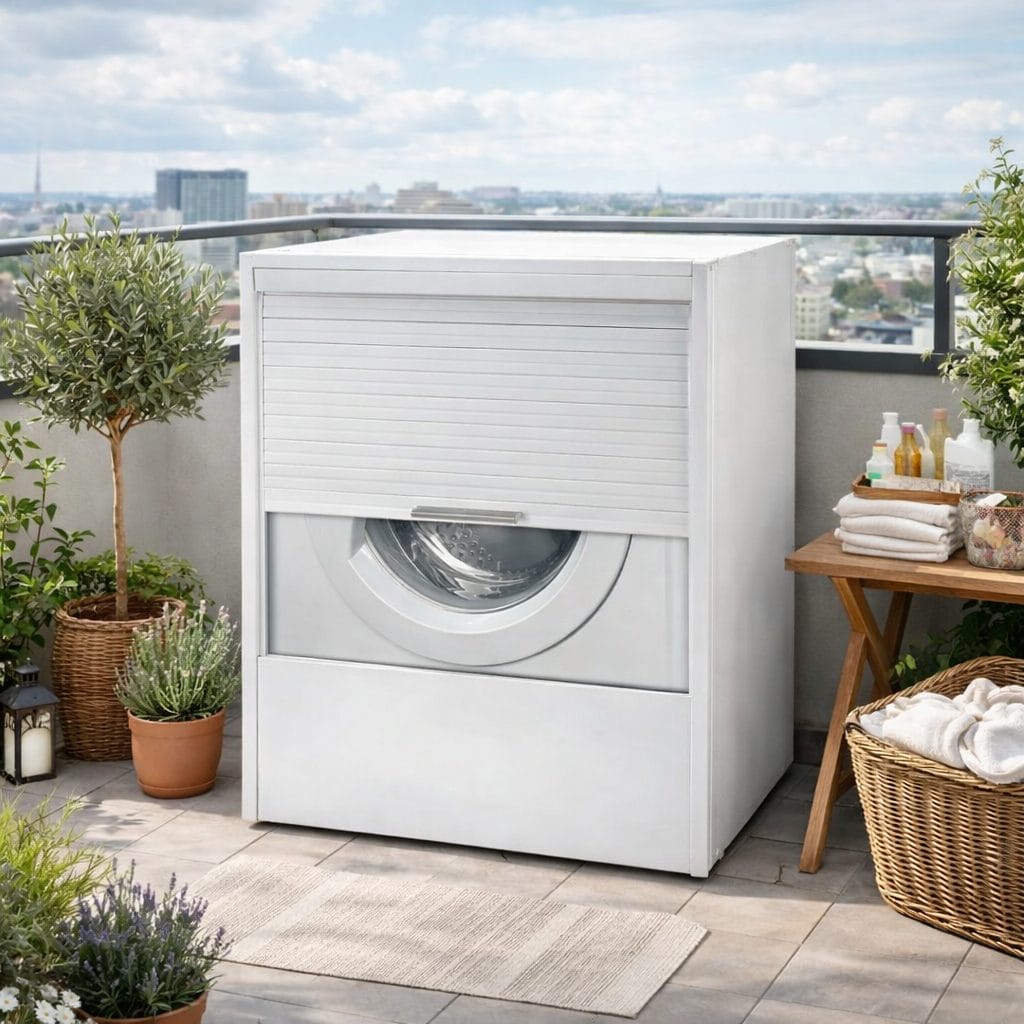 Mobile coprilavatrice da esterno in colore bianco con serrandina, posizionato su terrazzo moderno