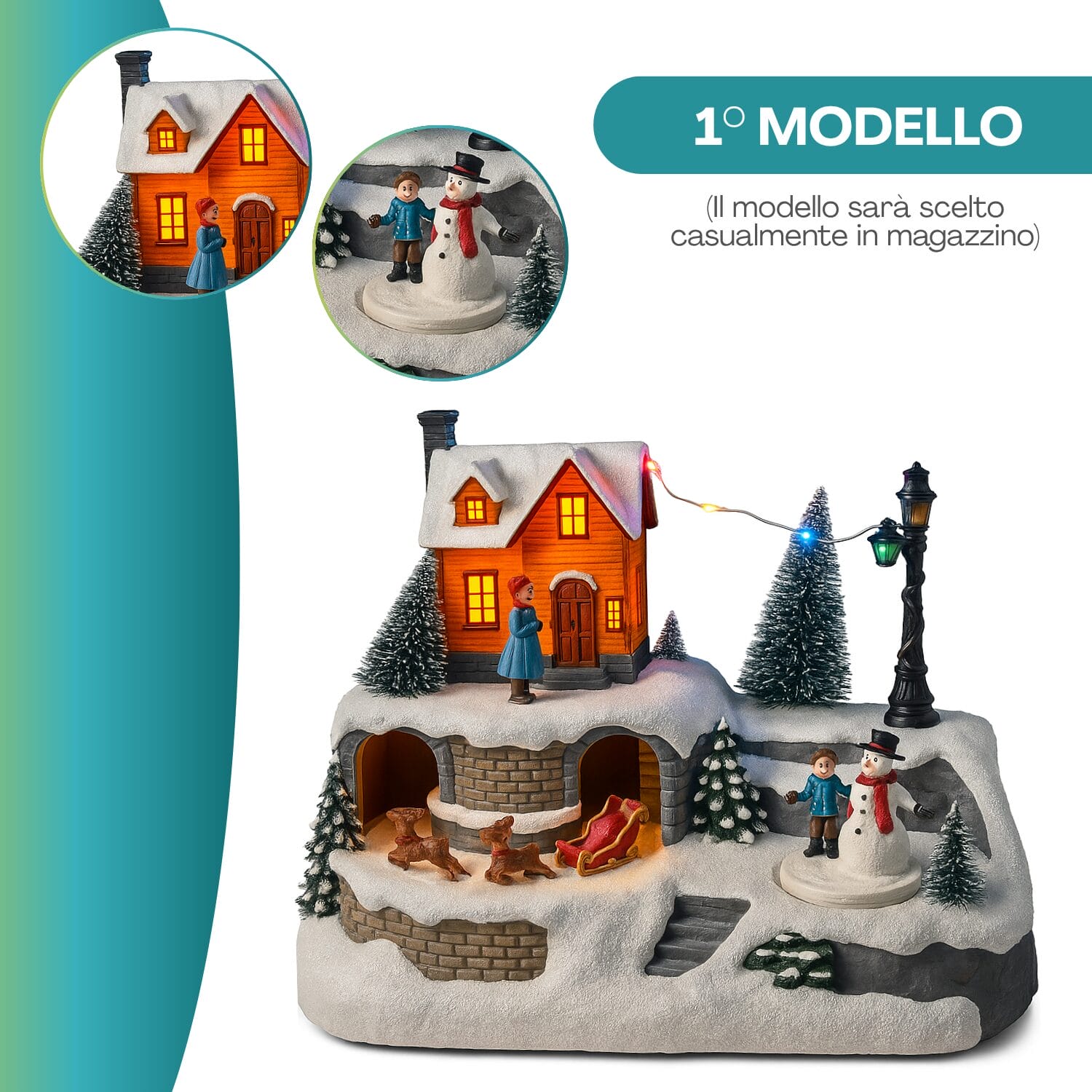 Casetta natalizia luminosa Paluplus con neve e pupazzo di neve decorativo