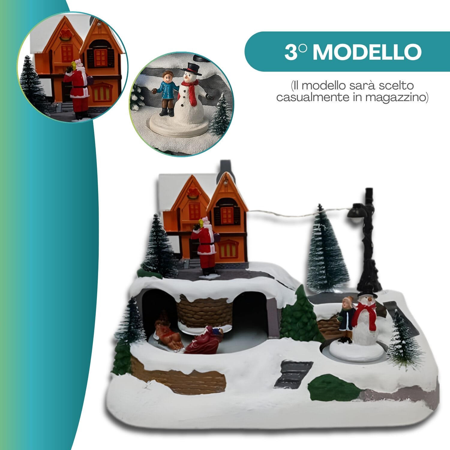 Casetta di Natale con pupazzo di neve, lampione e dettagli innevati