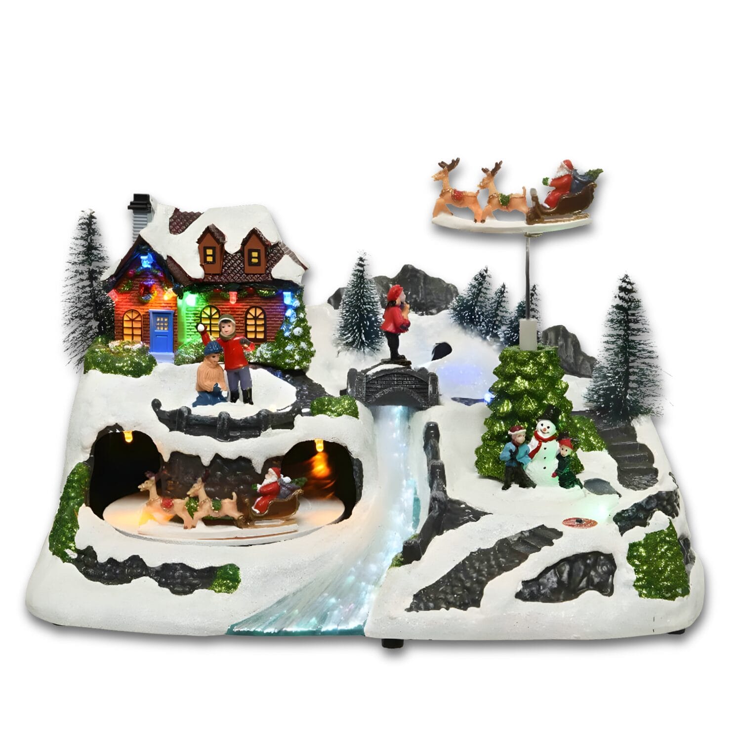 Decorazione natalizia Paluplus con casa illuminata, Babbo Natale e renne