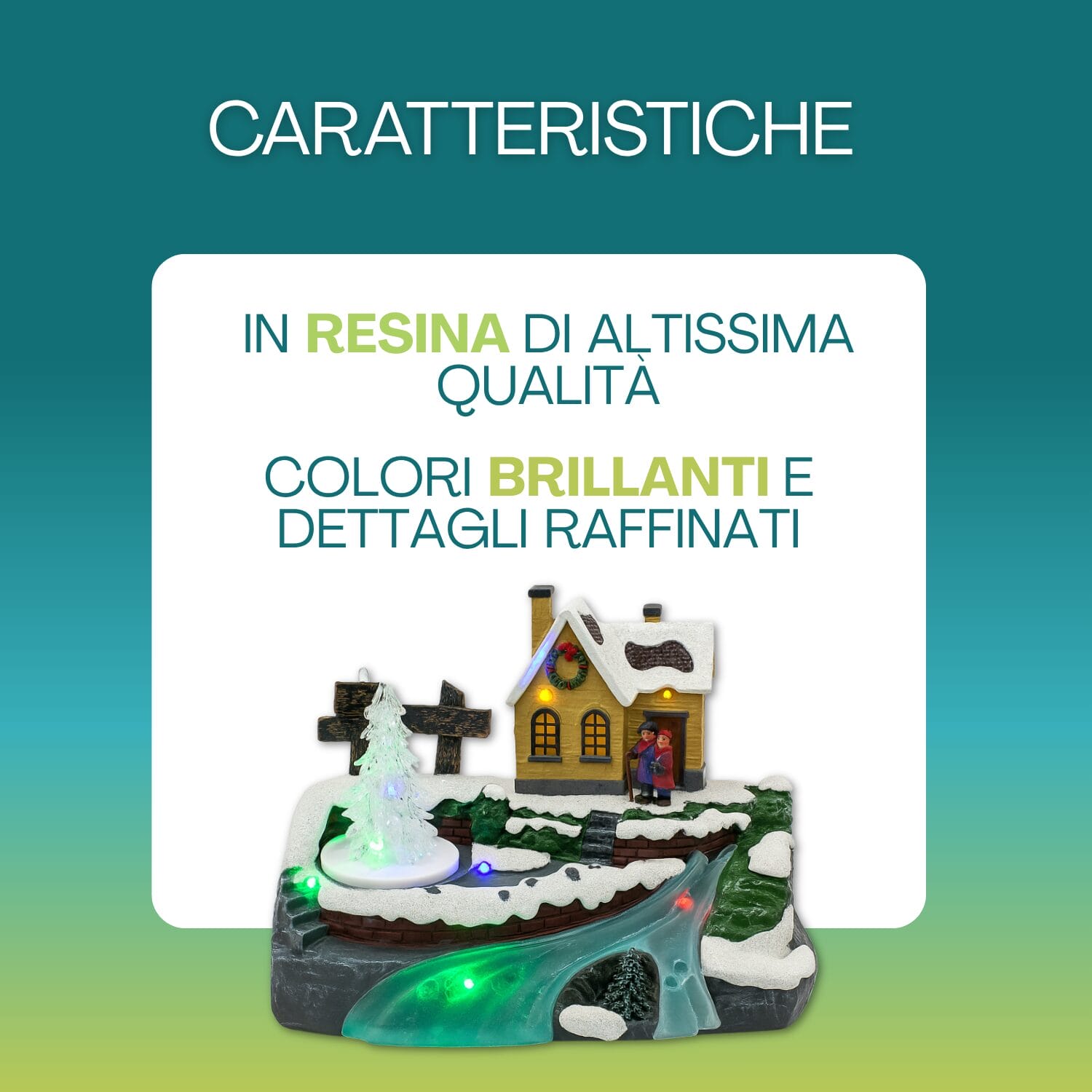 Villaggio natalizio in resina con colori brillanti e dettagli curati