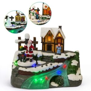 Villaggio natalizio luminoso con casa innevata e ruscello