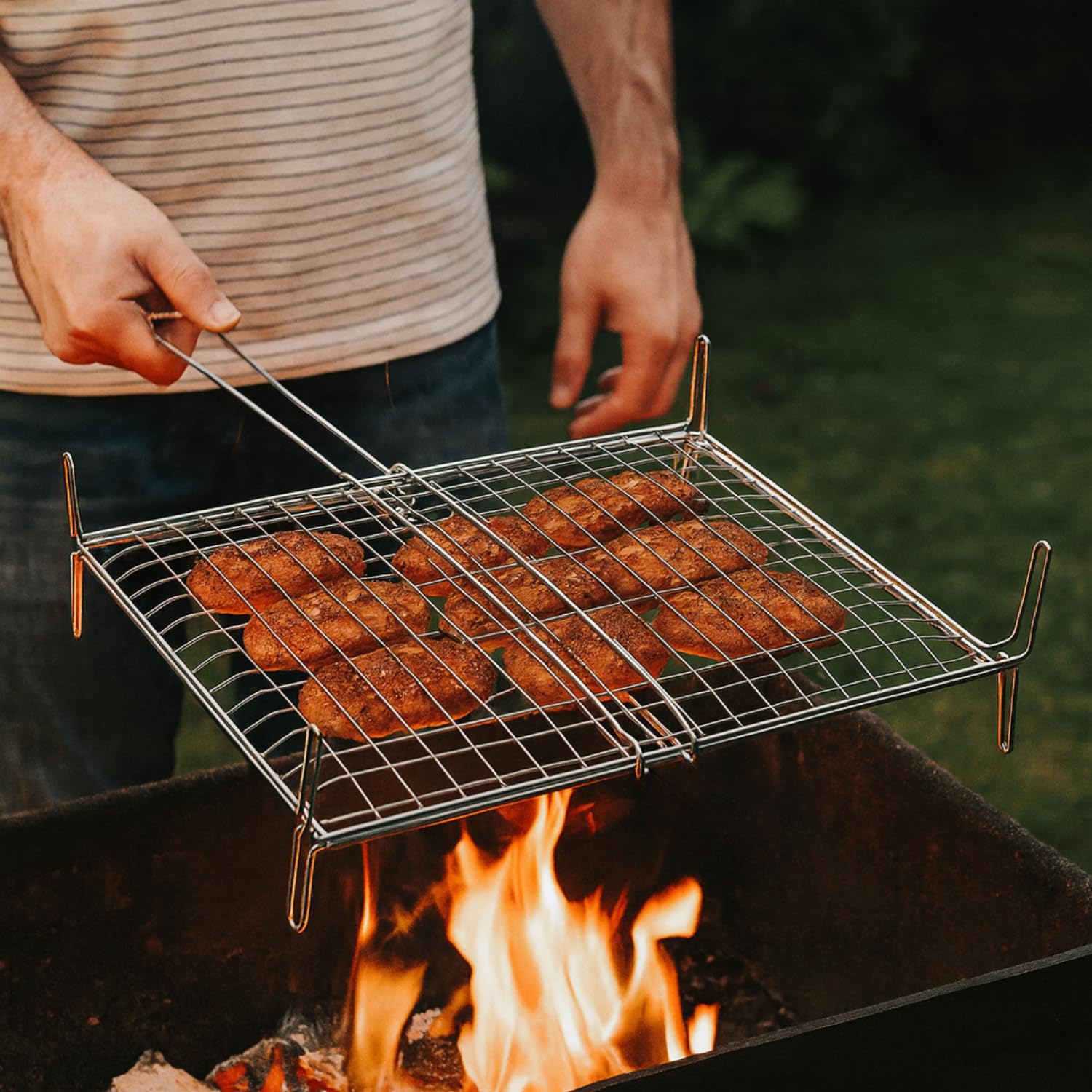 Griglia barbecue cromata con carne in cottura su brace viva, uso esterno