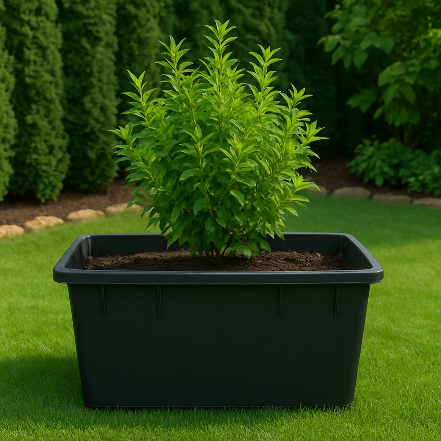 Mastellone nero 250 litri usato come fioriera da esterno con pianta verde