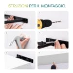 Fasi di montaggio mensola a muro con staffe invisibili, installazione semplice e guidata