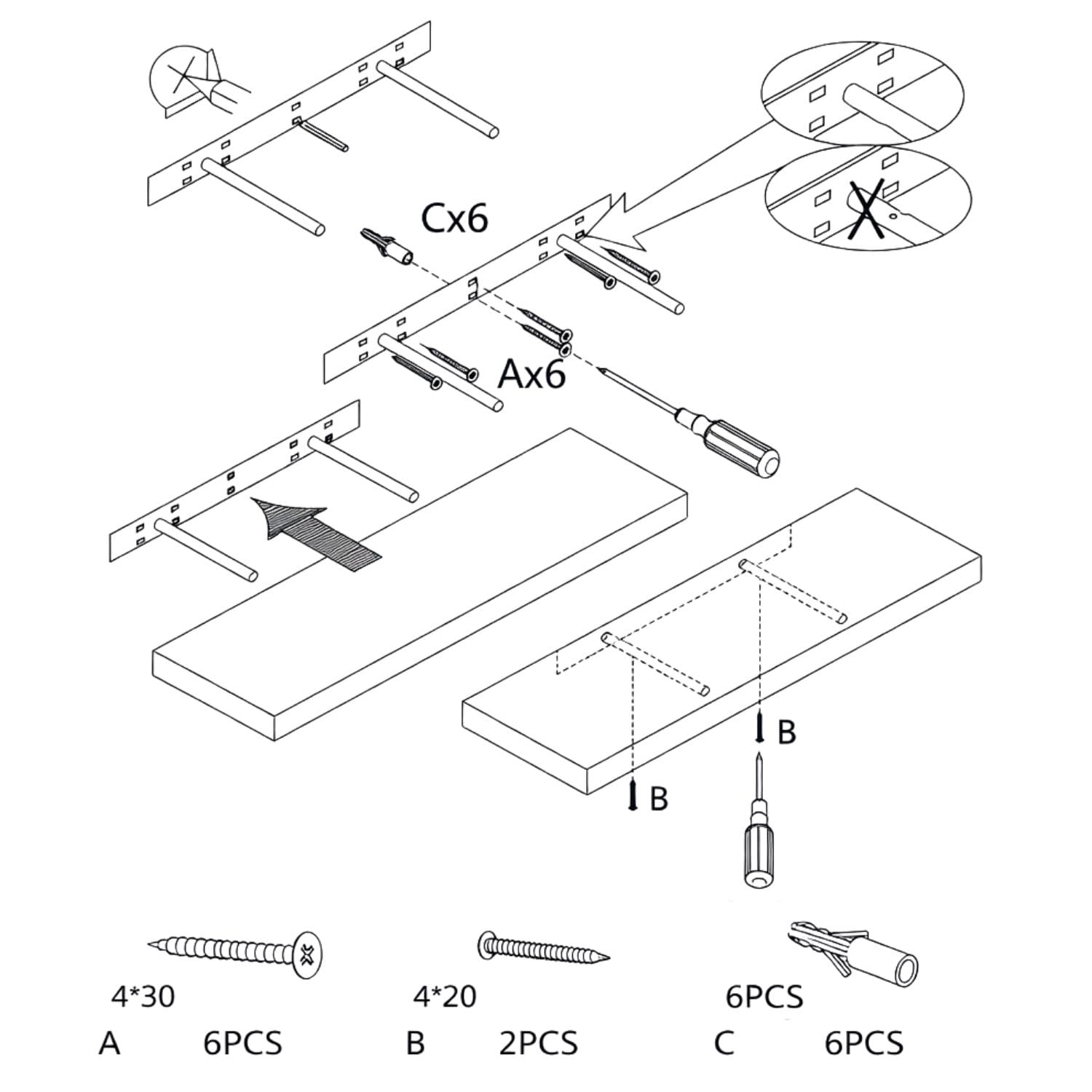 Istruzioni per il montaggio illustrate in bianco e nero con schema passo-passo, viti e tasselli identificati e disegno tecnico dei componenti su sfondo bianco.