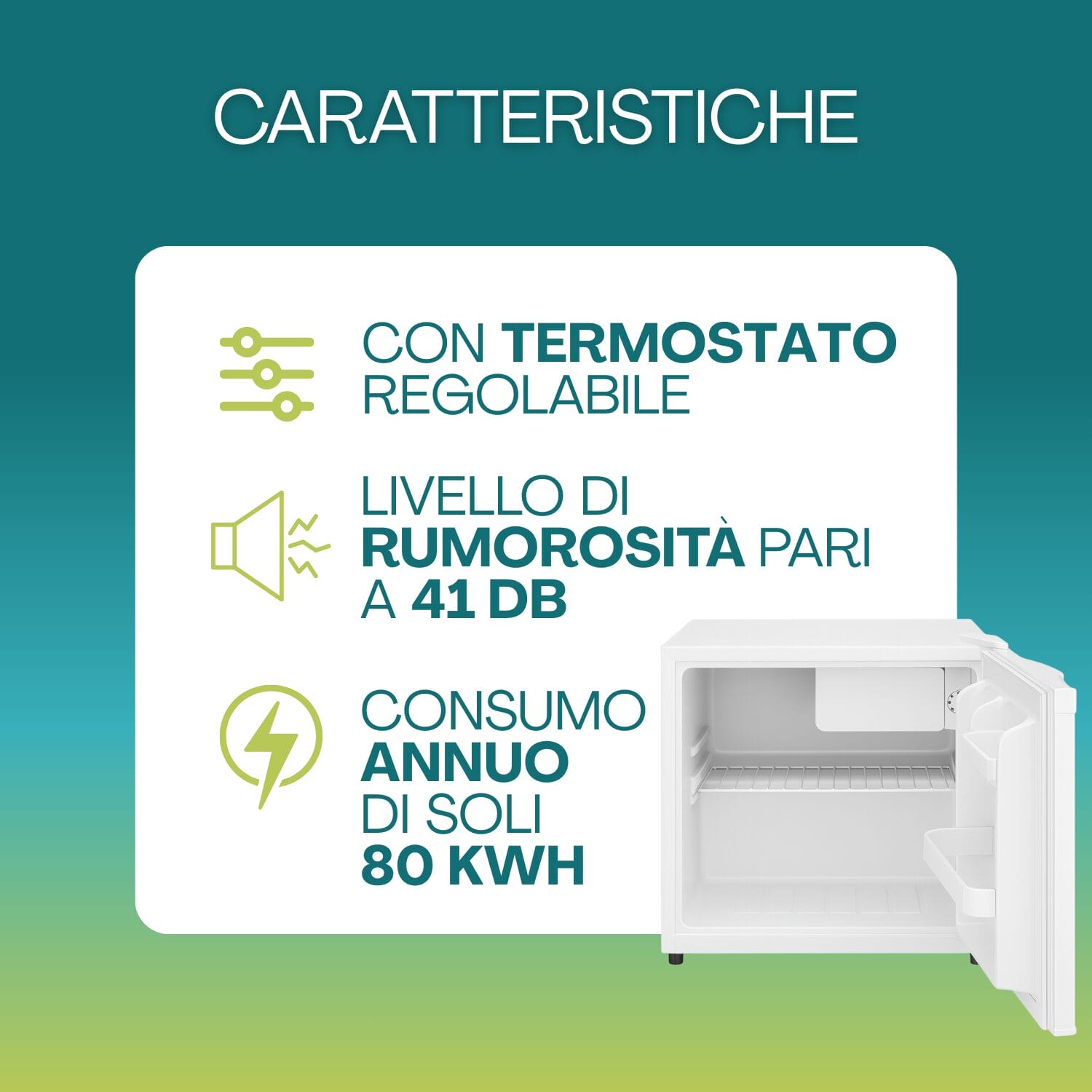 Caratteristiche minifrigo da bar con termostato, basso consumo e 41 dB silenzioso
