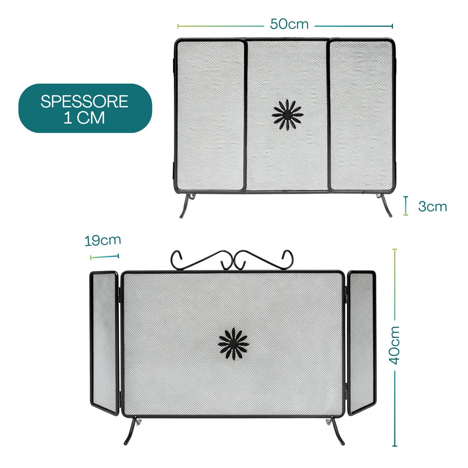Parascintille in ferro a 3 pannelli con misure 50x40 cm e spessore struttura 1 cm