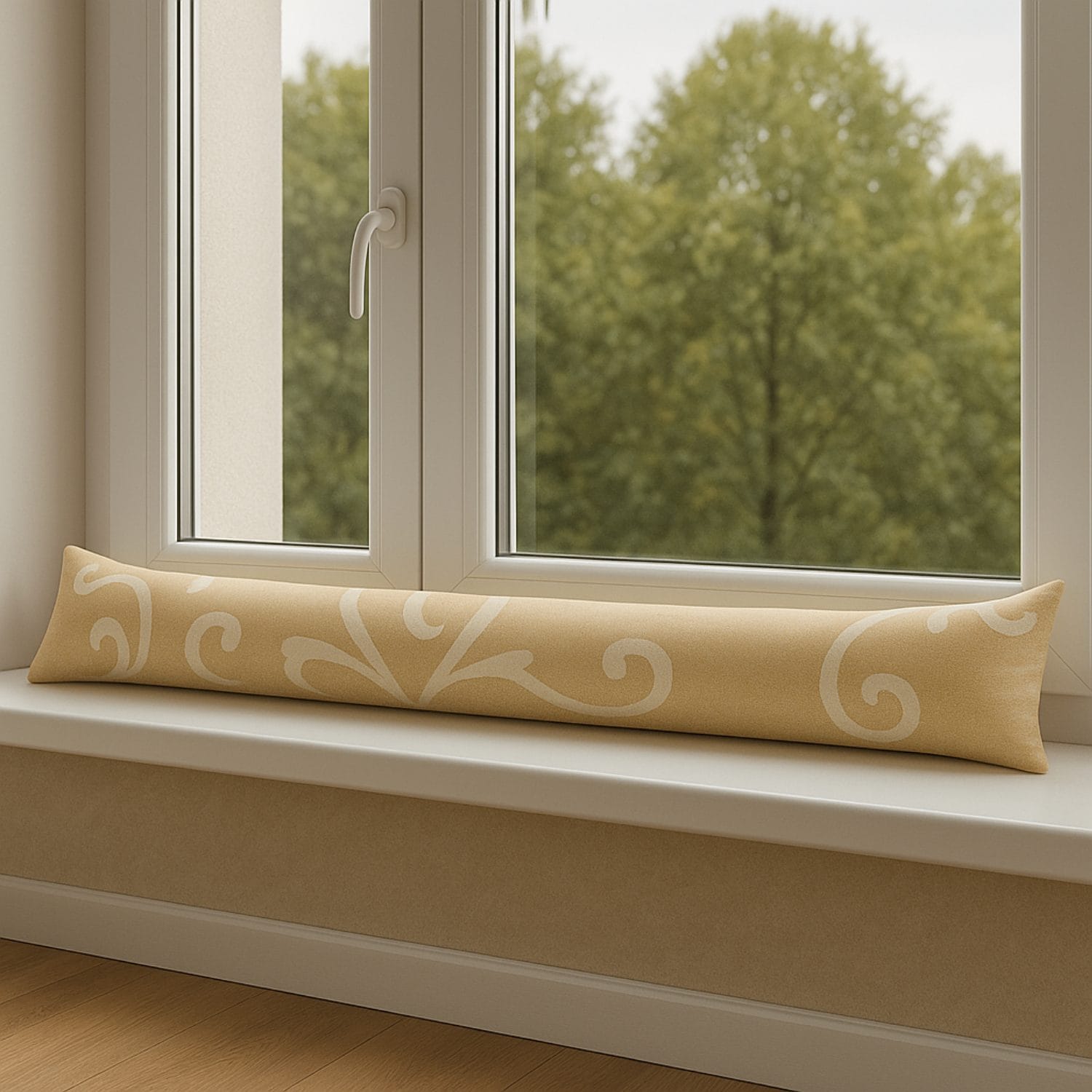 Paraspiffero damascato beige per finestre posizionato sul davanzale